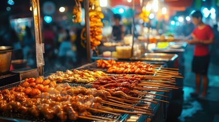 Street food in Asia, night market, vibrant colors