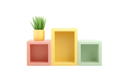 Colorful storage boxes with a plant, adding a vibrant touch to modern decor.