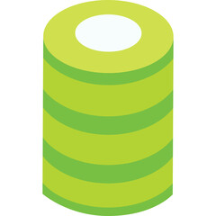 Stylized Cylinder Object with Lime Green and Yellow Stripes and White Center Against Transparent Background
