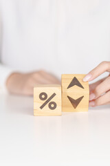 Naklejka premium Percentage block change to UP and Down arrow. Interest rate, GDP, stocks market, financial, deflation and Inflation, ranking, mortgage, debt, Loan and Economic Recession concept