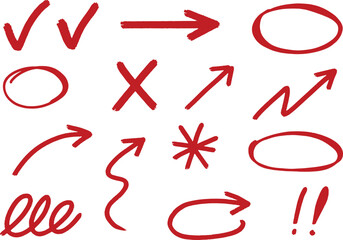 Red marker arrows, circles, checks and scribbles set, hand drawn highlight elements for notes and UI.