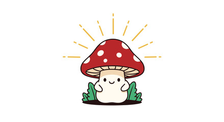 Naklejka premium A charming and cheerful cartoon mushroom with a red spotted cap and a happy face sits among green grass, radiating golden light.