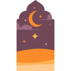 Stylized Desert Landscape Under a Crescent Moon Sky With Stars And Clouds In A Geometric Archway Frame With Warm Orange And Purple Tones