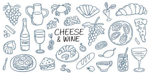 Cheese and Wine Doodle Collection Crab Croissant Grapes Pizza Sandwich pitcher wine bottle