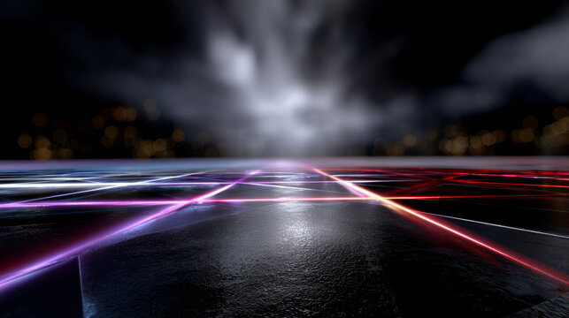 Illuminated neon grid stretches into darkness, evoking futuristic, cyberpunk feel, shining with mystical and modern sensation