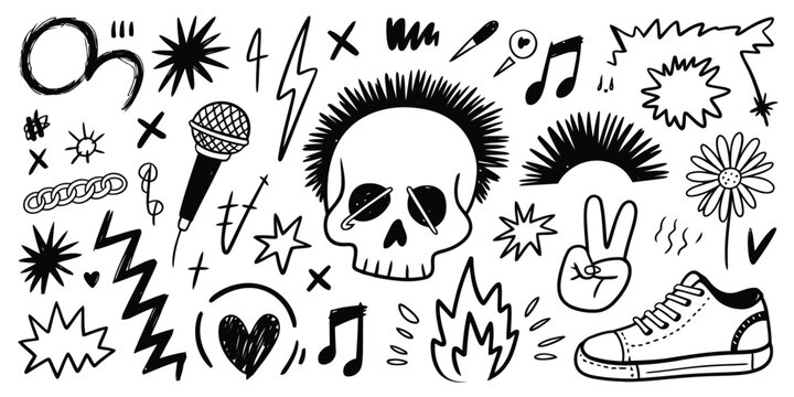 Collection of hand-drawn doodle icons including a skull, microphone, and music notes flower sneaker