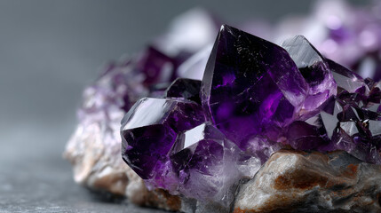 Vibrant purple amethyst crystal glistens, showing its power and beauty. stone exudes calming, yet strong energy