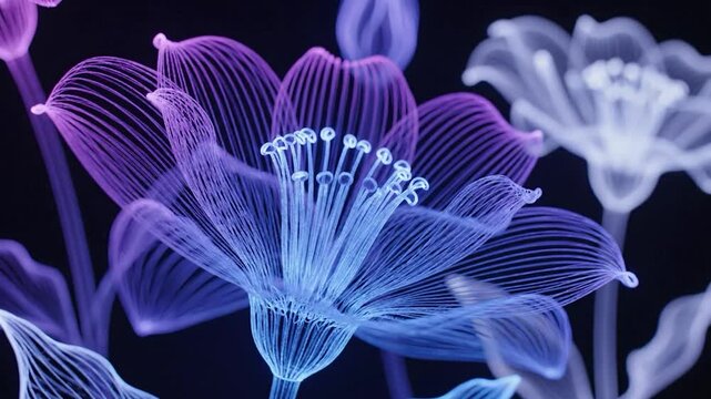 Glowing digital artwork of flowers with flowing lines in shades of purple and blue on a black background