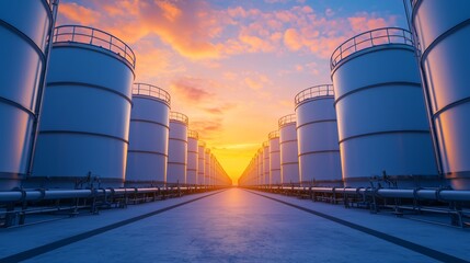Obraz premium Wide cinematic frame of renewable hydrogen facility showing storage tanks and pipelines under sunlight. 