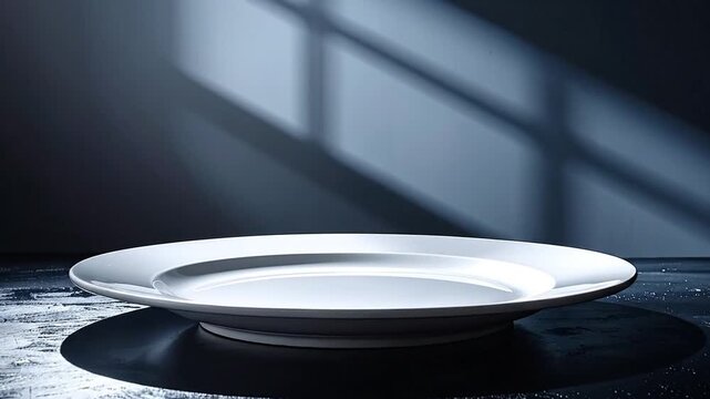 A clean white plate sits empty on a dark textured surface, bathed in soft light casting geometric shadows from a window