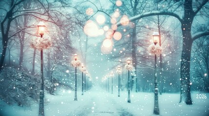 Snowy Park Path with Lamp Posts and Falling Snow in Winter Scene