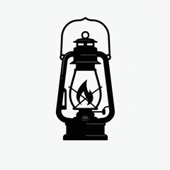 Black silhouette of a vintage lantern with a flame, handle, and a round glass enclosure. Simple, clean, and classic design