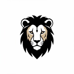 A stylized head of a lion with a black mane, tan face, and piercing yellow eyes. Simple, graphic style, on white