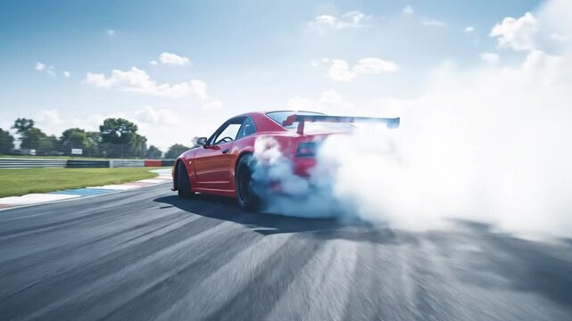 High-speed drifting car on racetrack, generating smoke with motion blur and dynamic speed