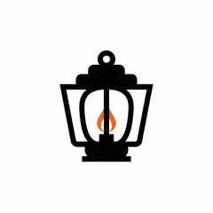 Stylized, dark lantern illustration with a flame emitting warm light. Features symmetrical design, simple lines, and a classic aesthetic