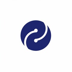 A minimalist, abstract design of a dark blue curved shape within a circle, featuring two white dots