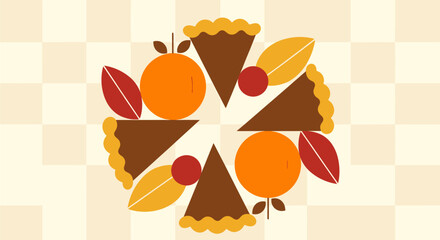 A circular arrangement of pie slices, oranges, and autumn leaves on a checkered background.