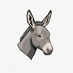Isolated head portrait of a grey donkey with pointy ears, a dark mane, and a detailed, calm expression on a white background