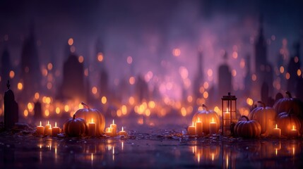 A spooky Halloween scene with glowing pumpkins and candles, set against a mysterious, blurred background of faint lights and silhouettes.