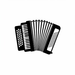 A symmetrical, black and white illustration of an accordion, featuring keys, buttons, and bellows