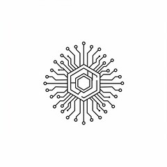 Monochromatic illustration of a central hexagonal processor design, branching into circuit board lines, forming a circular pattern