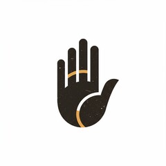 A minimalist hand symbol with a curved line, textured, black and tan. The fingers are slightly open on a white background