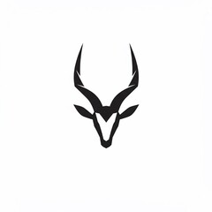 A stylized black illustration of an antelope head, depicted from the front with long, curved horns against a white background