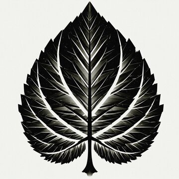 A stylized black and white illustration of a leaf, showcasing intricate veins and a textured edge against a light background