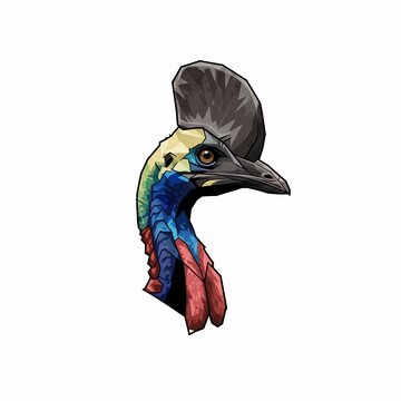 Colorful avian portrait of a majestic bird with a distinctive casque and vibrant neck plumage, rendered on a white background