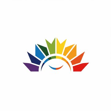 A stylized rainbow-colored arc cresting over a crescent, resembling a blossoming flower or sun. Bold, geometric shapes create the design