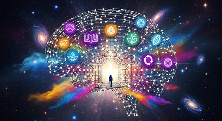 Cosmic Mindscape: Silhouette Enters Luminous Brain Portal Amidst Galaxies and Knowledge Icons