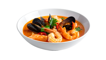Traditional italian fish soup with shrimp, mussels and salmon isolated on transparent png
