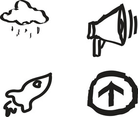 PrintHand Drawn Business, Promotion, and Weather Doodle Icon Set (Vector) - Launch, Announcement, and Growth Symbols
