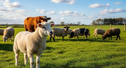 Farm Animals in a Picturesque Landscape: Several sheep and a cow graze peacefully in a lush green pasture under a bright, sunny sky. Capturing the tranquility of rural life.
