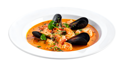 Traditional italian fish soup with shrimp, mussels and salmon isolated on transparent png