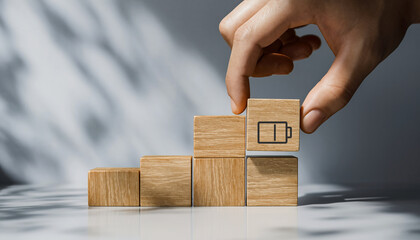 Hand stacking wooden block with battery icon, symbolizing motivation, growth, progress, and energy recharge in business or personal development, with sunlight and shadow background