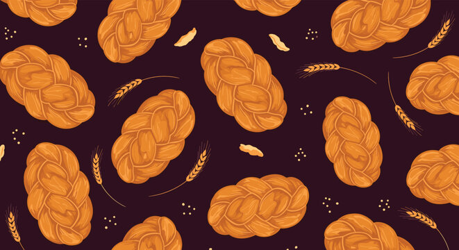 A beautiful seamless pattern featuring golden-brown braided challah loaves, interspersed with wheat ears and scattered grains on a rich dark purple background.