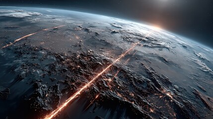 Stunning perspective of Earth from space showcasing city lights and sunrise no comma or special