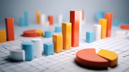 A colorful array of 3D bar graphs and pie charts on a grid background, representing data visualization and statistical analysis.