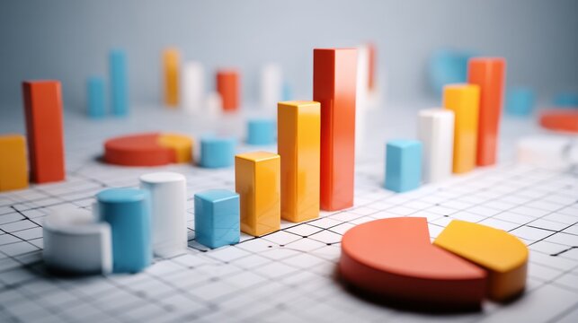 A colorful array of 3D bar graphs and pie charts on a grid background, representing data visualization and statistical analysis.