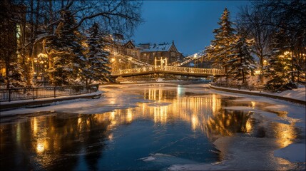 Snowy Urban Park with Ice Covered Waterway and Illuminated Bridge at Night