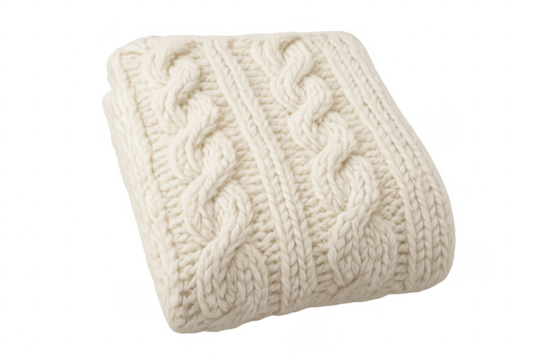 White knitted wool blanket with cable knit texture