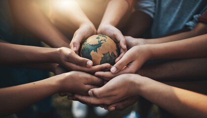 Multiple hands holding a globe representing the earth, showcasing unity and global connection, concept for environmental awareness, sustainable future and global partnership