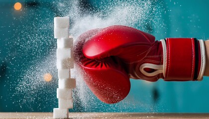 A boxing glove punches through a tower of sugar cubes, causing a sugar dust explosion, concept for health awareness, dietary control and sugar addiction