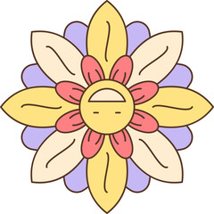 Stylized floral emblem with symmetrical petals in yellow pink and purple colors featuring a central circular motif with abstract facial features on a 