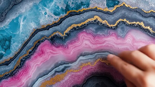 Agate-like pattern with gold accents. Finger touches the pink section
