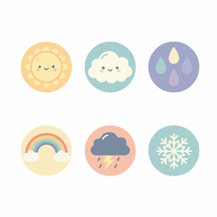 Fototapeta premium Cute weather-themed illustration set in pastel colors, featuring six adorable weather icons on white background