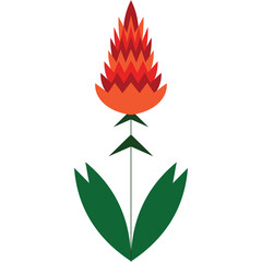Stylized fiery red and orange abstract flower bloom with green leaves on a transparent background representing growth and nature with a minimalist design