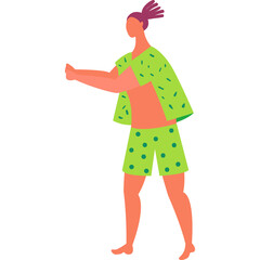 Stylized Figure In Green Patterned Clothing With Arms Bent Standing Against White Background