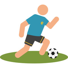 Stylized figure of a person in a teal shirt and dark shorts running with a soccer ball on a green field